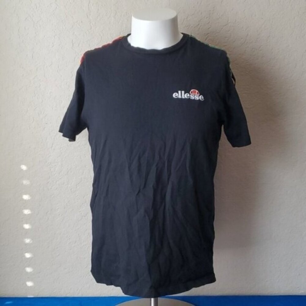 Ellesse medium black tshirt w/ rainbow-colored branded tape down the sleeves